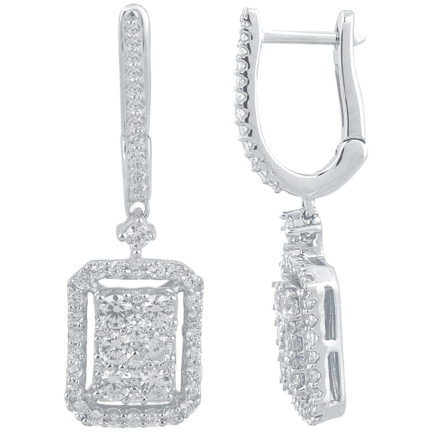 TJD 1 Carat Round Diamond 14K White Gold Rectangle Drop Hoop Huggie Earrings For Sale