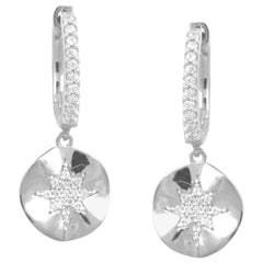 TJD 0.25 CT Round Diamond 14K White Gold Star Drop Dangle Hoop Huggie Earrings