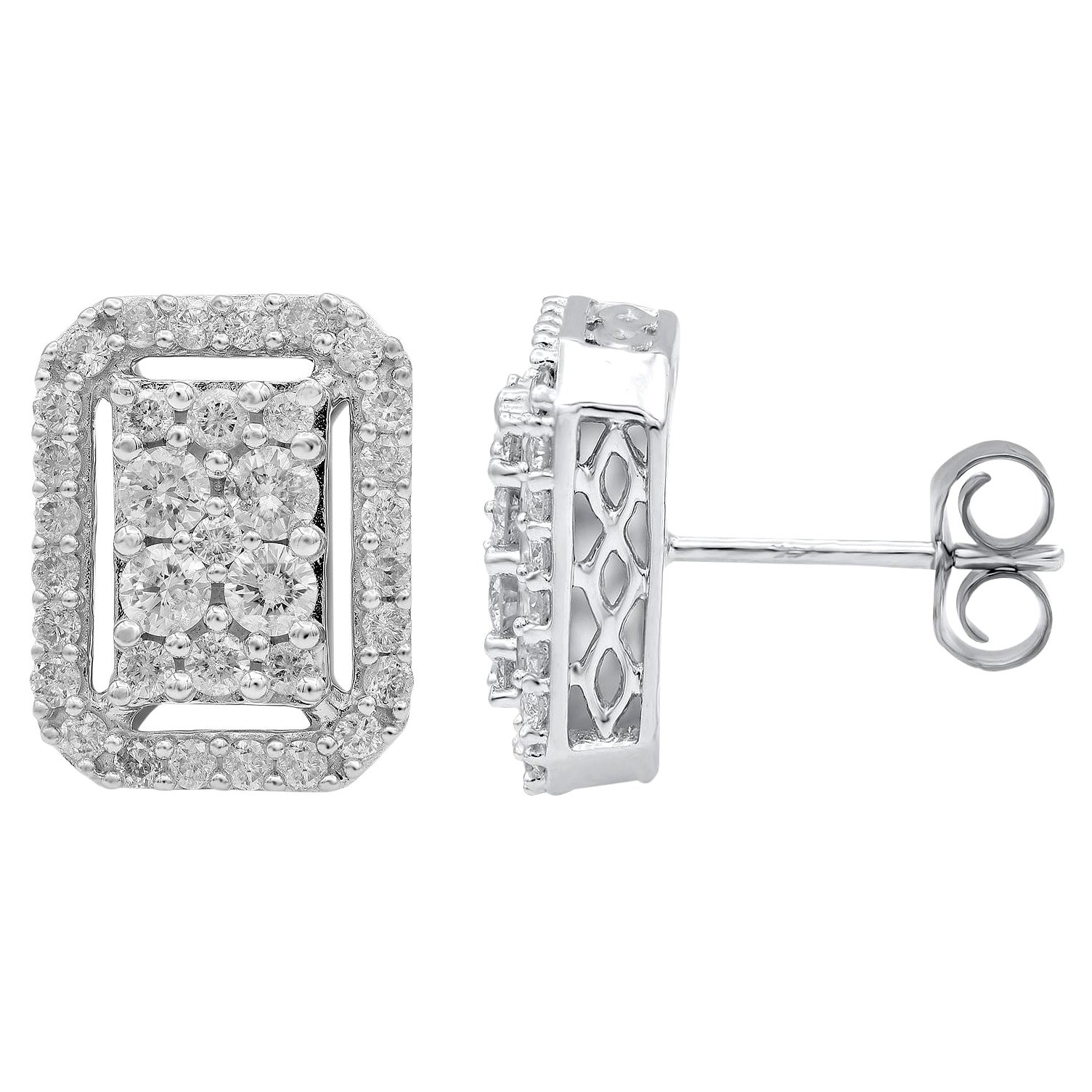 TJD 1.0 Carat Round Diamond 14 Karat White Gold Rectangle Box Stud Earrings For Sale