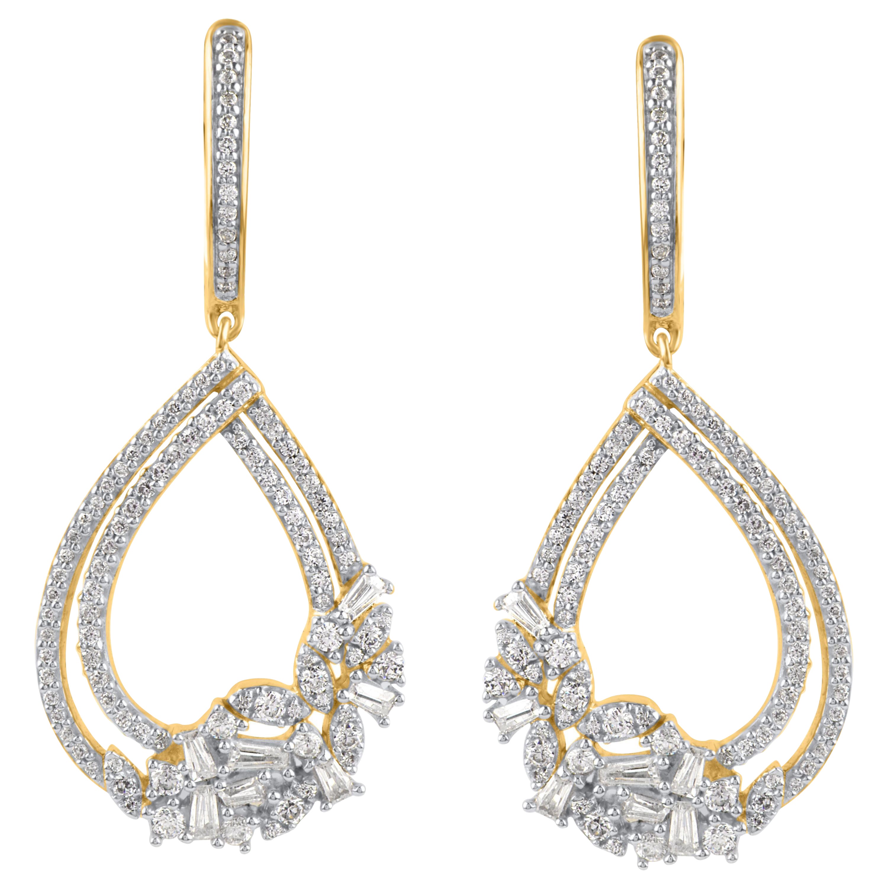 TJD 1.0 Carat Round & Baguette Diamond 14K Yellow Gold Pear Shaped Drop Earrings