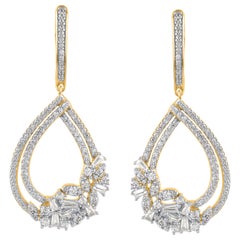 TJD 1.0 Carat Round & Baguette Diamond 14K Yellow Gold Pear Shaped Drop Earrings