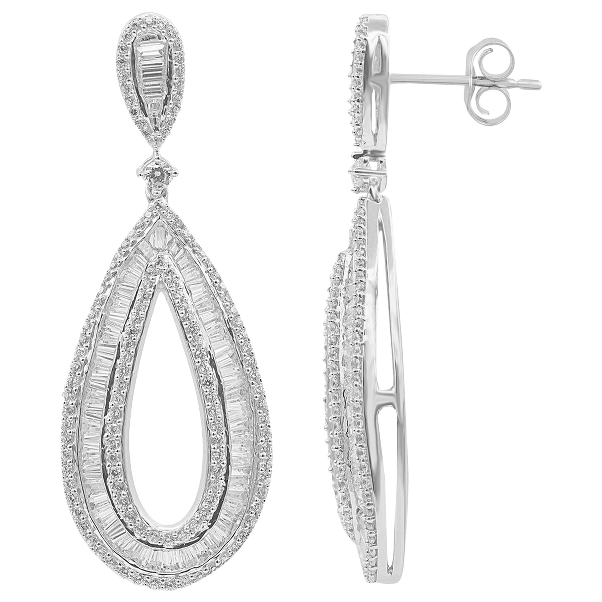 TJD 2 Carat Round & Baguette Diamond 14K White Gold Pear Drop Dangling Earrings