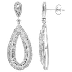 TJD 2 Carat Round & Baguette Diamond 14K White Gold Pear Drop Dangling Earrings