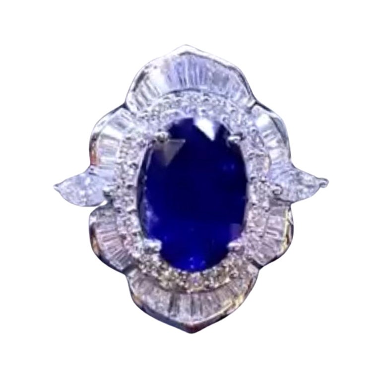 AIG Certified 6.30 Ct Royal Blue Ceylon Sapphire 1.90 Ct Diamonds 18K Gold Ring