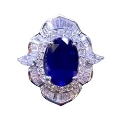 AIG Certified 6.30 Ct Royal Blue Ceylon Sapphire 1.90 Ct Diamonds 18K Gold Ring