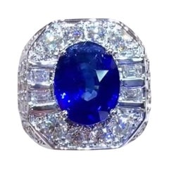AIG Certified 7.40  Blue Ceylon Sapphire 3.80 Ct Diamonds  18K Gold Ring