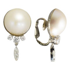 14K White Gold Vintage Mabe Pearl and Diamond Earrings 0.50ct
