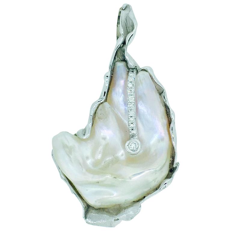 Modernist Van Giel Baroque Pearl Diamond Gold Pendant For Sale at 1stDibs