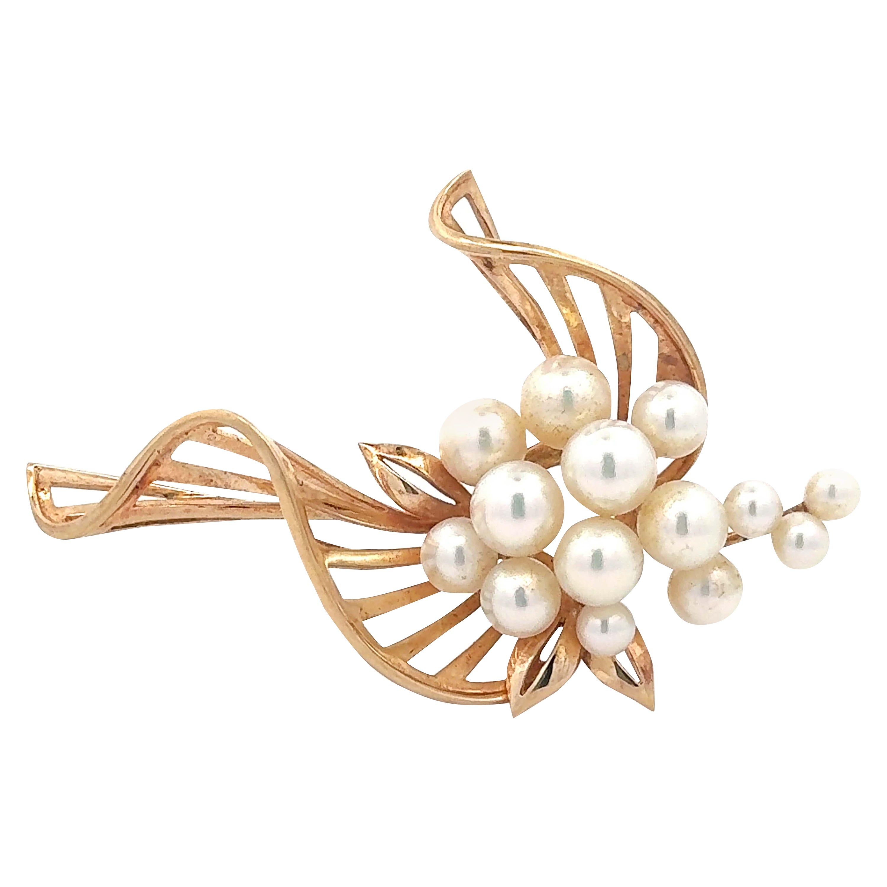 Mikimoto Pearl Brooch 14k Yellow Gold