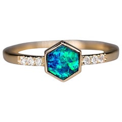 Geometric Design Hexagon Australian Doublet Opal & Diamond Ring 14K Yellow Gold
