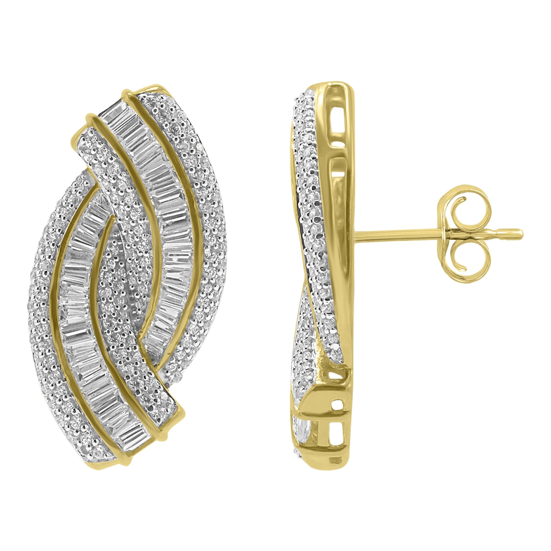 TJD 2 Carat Round and Baguette diamond 14Karat Yellow Gold Twist Curved Earrings For Sale