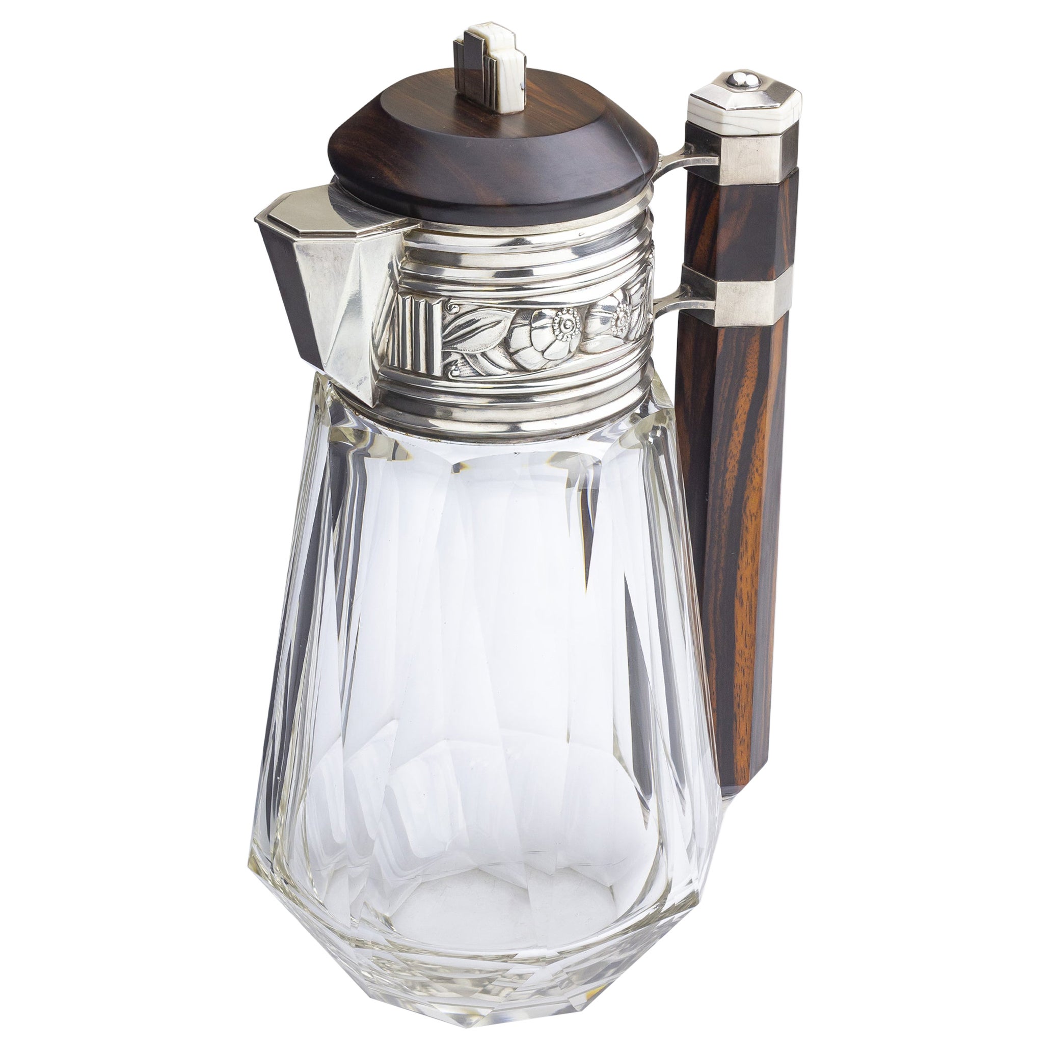 French Art Deco Glass & Silver Pitcher by Lagarde & Fortin For Sale