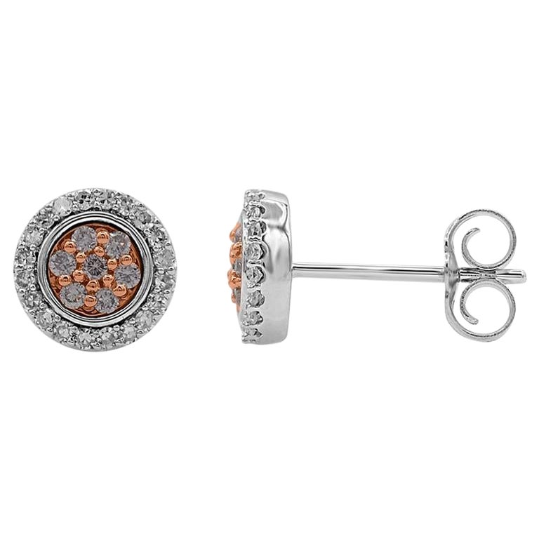TJD 0.25 Ct Nat. Pink Rosé & White Diamond 18K 2-Tone Gold Round Stud Earrings