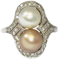 Antique Edwardian Double Pearl Diamond platinum Ring
