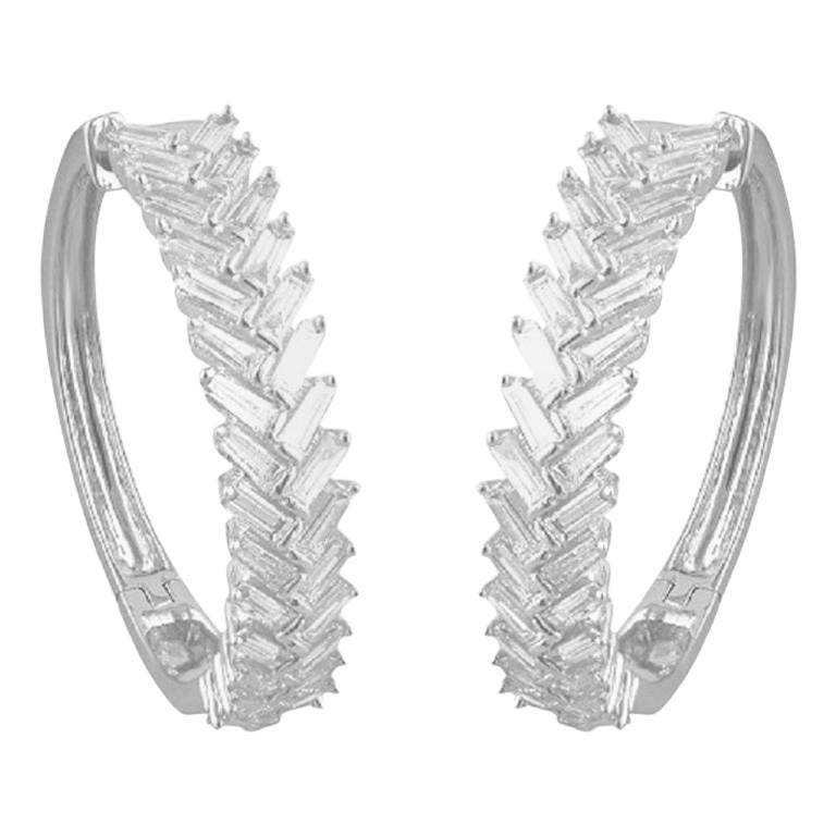 TJD 1.50 Carat Baguette Diamond 14K White Gold Channel Set Huggie Hoop Earrings