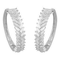 TJD 1.50 Carat Baguette Diamond 14K White Gold Channel Set Huggie Hoop Earrings