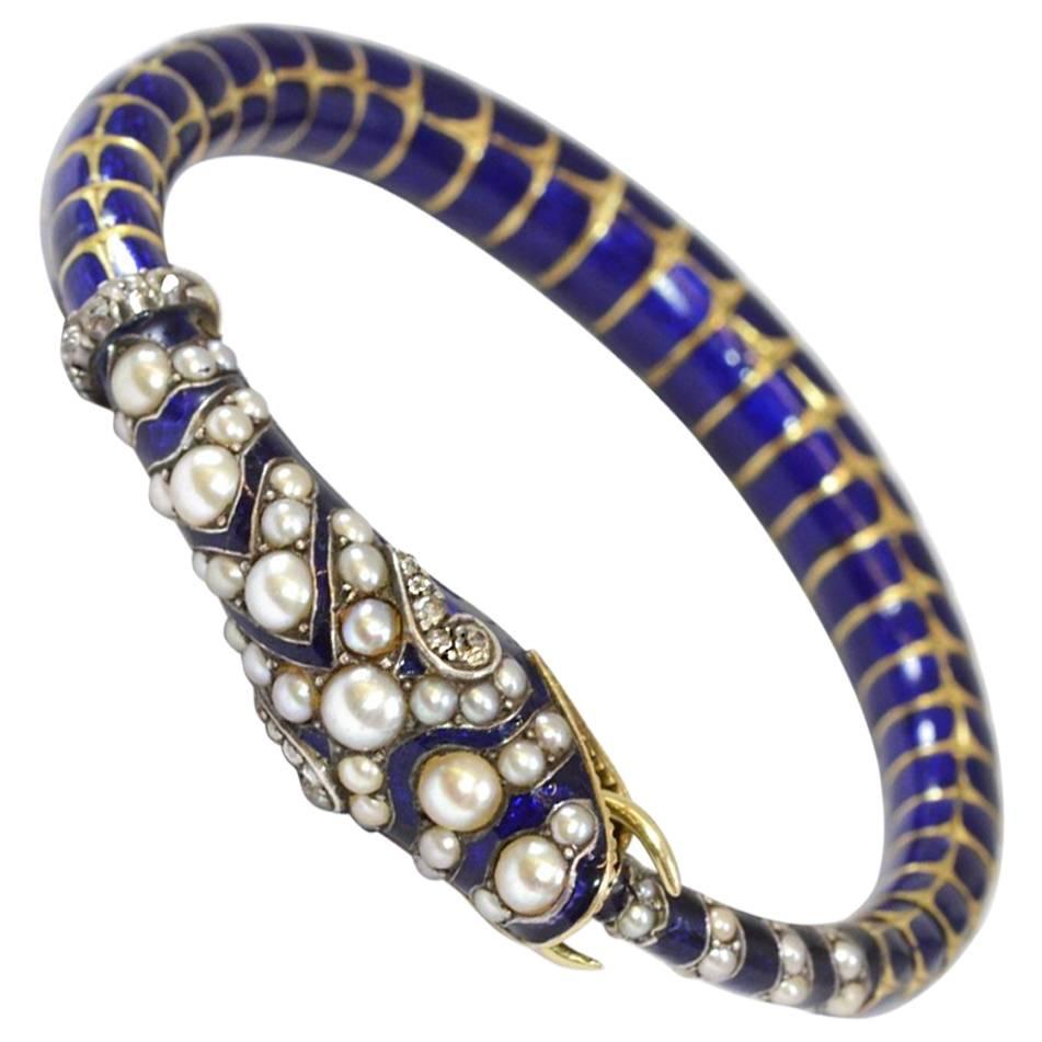 Antique Victorian Enamel Diamond gold Snake Bangle Bracelet