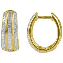 TJD 0.50 Carat Round & Baguette Diamond 14KT Yellow Gold Huggie Hoop Earrings