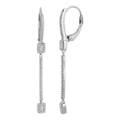 TJD 0.33 Ct Round & Baguette Diamond 14K White Gold Vertical Bar Drop Earrings