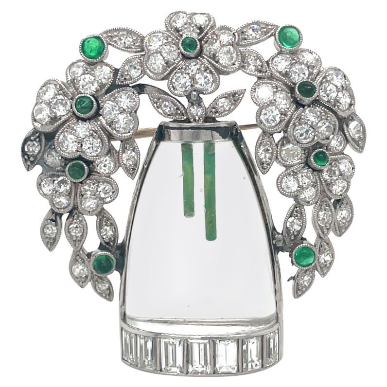 Art Deco Emerald Diamond and Crystal Flower Vase Platinum Brooch