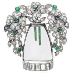 Art Deco Emerald Diamond and Crystal Flower Vase Platinum Brooch