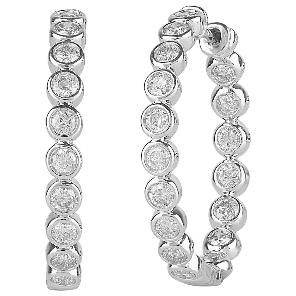 TJD 1.50 Carat Round 14K White Gold Bezel Set Inside Out Diamond Hoop Earrings For Sale