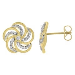 TJD Pendientes de oro amarillo de 14 quilates con diamante redondo de 0,15 quilates y bisel con diseño floral