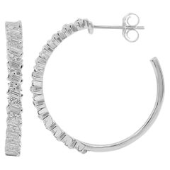 TJD 1 Carat Round & Baguette Diamond 14 Karat White Gold Designer Hoop Earrings