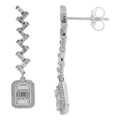 TJD 0.75 Ct Round/Baguette Diamond 14k White Gold Zig Zag Cushion Drop Earrings