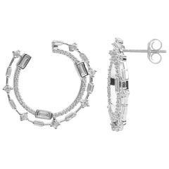 TJD 1 Ct Round & Baguette Diamond 14 Karat White Gold Double Row Stud Earrings