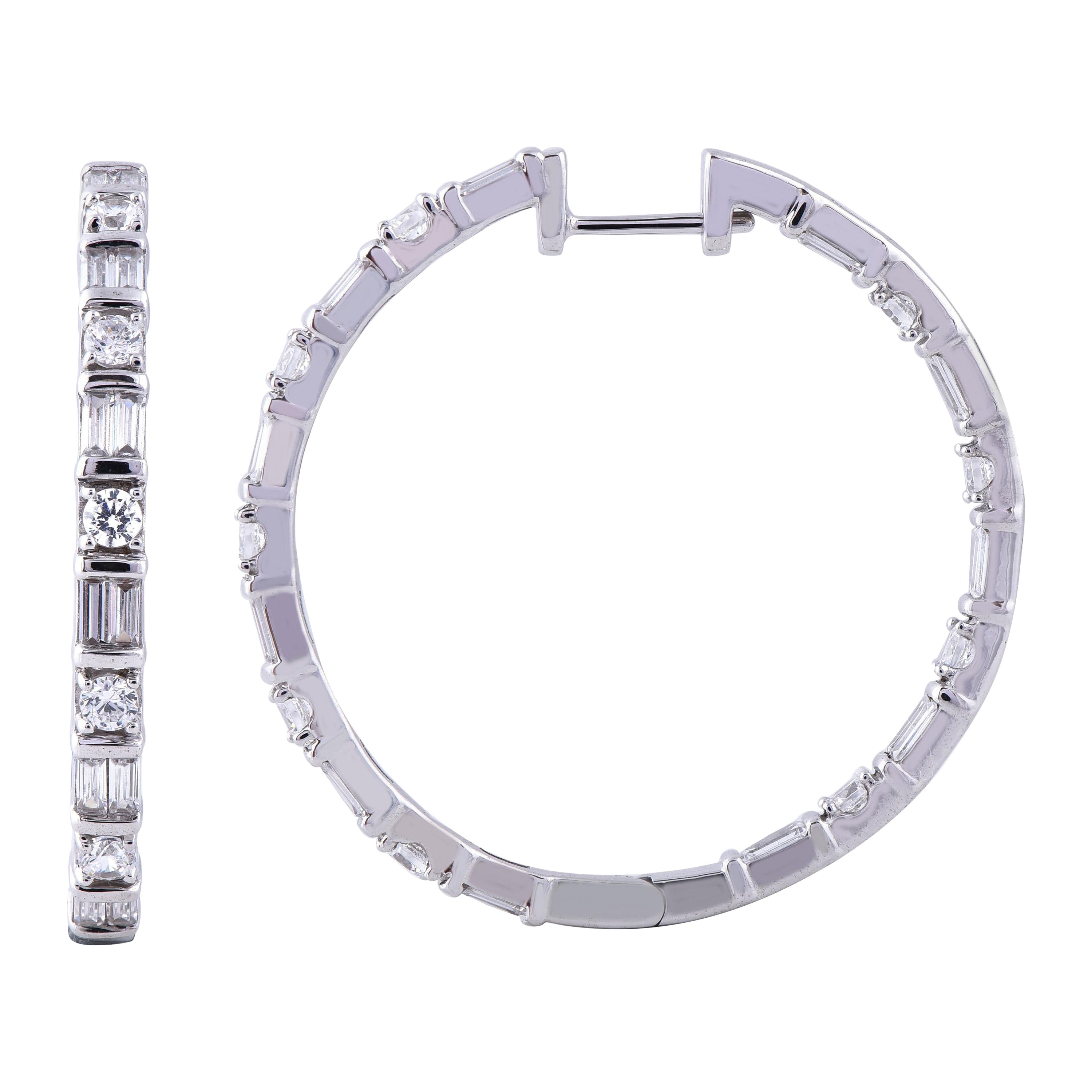TJD Pendientes de aro de diamantes de diseño redondos de 3,0 quilates y 14 quilates de oro blanco