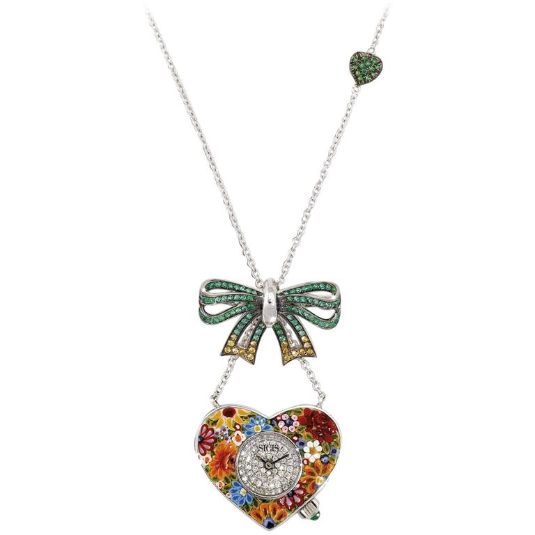 Sicis Heart Me Gold Diamonds Emerald Sapphire Micromosaic Quartz Watch Necklace For Sale