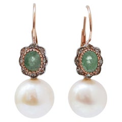 13 Mm Pearls, Emeralds, Diamonds, Rose Gold and Silver Earrings.