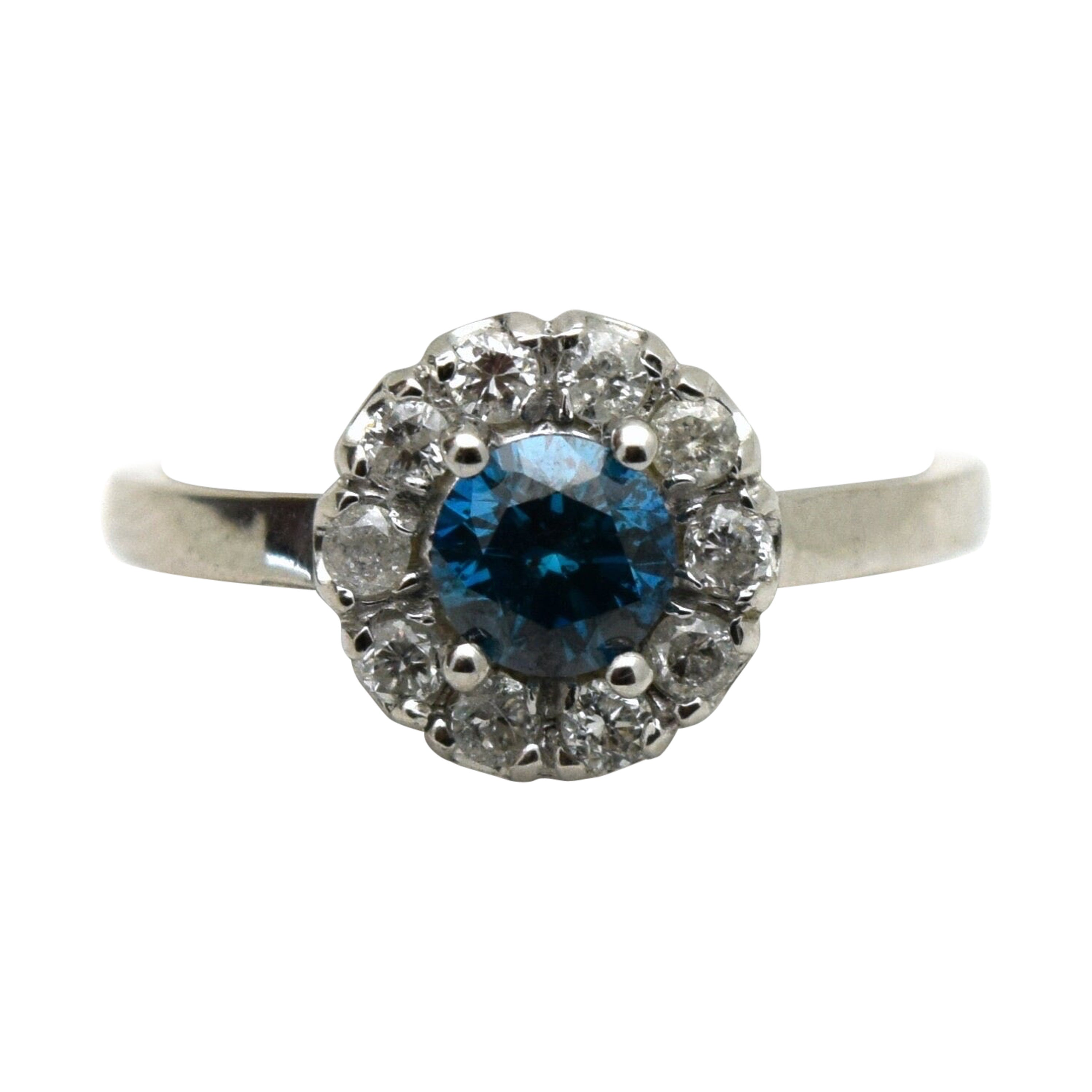 Blue diamond engagement ring 14KT white gold floral ring size 6.5