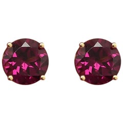 Clous d'oreilles en or 14 carats avec rhodolite naturelle et pierres précieuses rondes rouges
