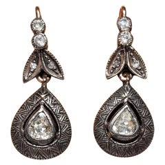 Vintage Circa 1970s 8k Gold Top Silver Natural Rose Cut Diamond Drop Earring