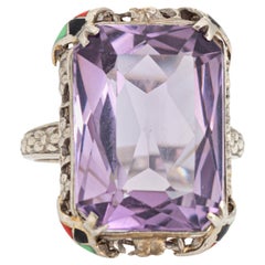 Vintage Art Deco Amethyst Ring Enamel Cocktail 14k Gold Filigree Jewelry Sz 7