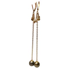 Tahitian pearl earrings extra long at 4 inches 18KT gold diamond pearl earrings