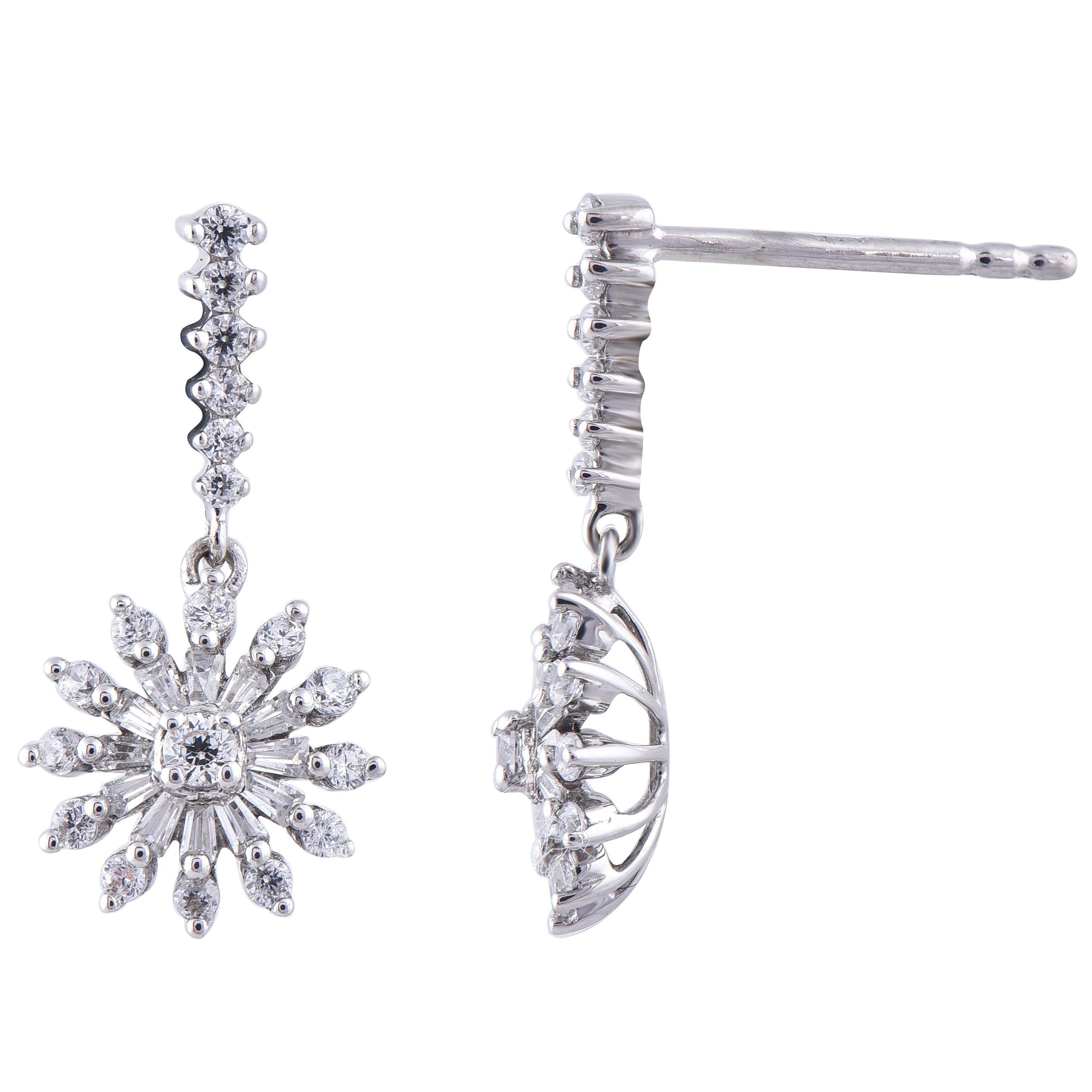 TJD 0.50 Carat Natural Round Diamond 14K White Gold Floral Fashion Drop Earrings