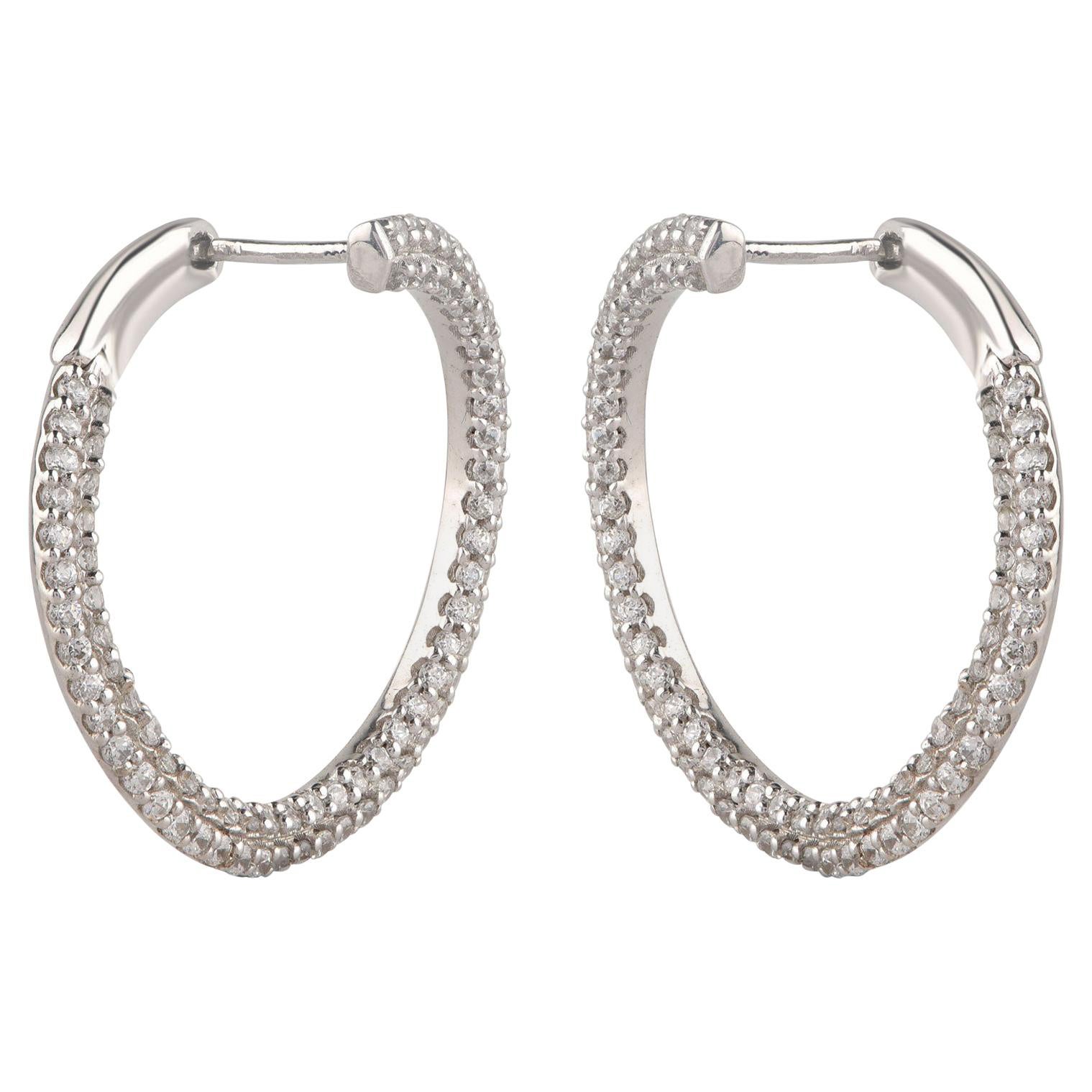 TJD Pendientes de aro con encanto en oro blanco de 18 quilates y diamantes de 1,0 quilates