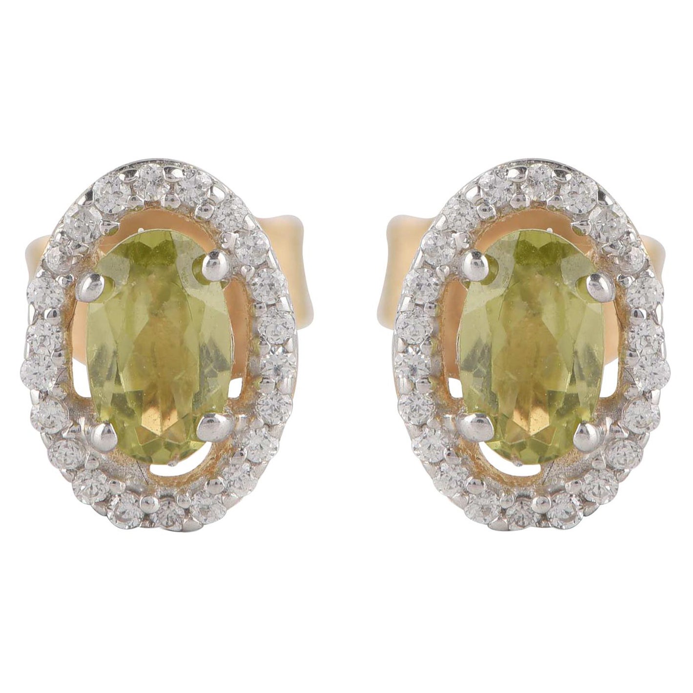 TJD 0.10 CT Diamond and 5X3MM Oval Peridot 18 Karat Yellow Gold Halo Earrings For Sale