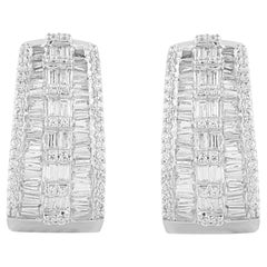 TJD 1.0 Carat Baguette Cut Diamond 14 Karat White Gold Huggie Hoop Earrings