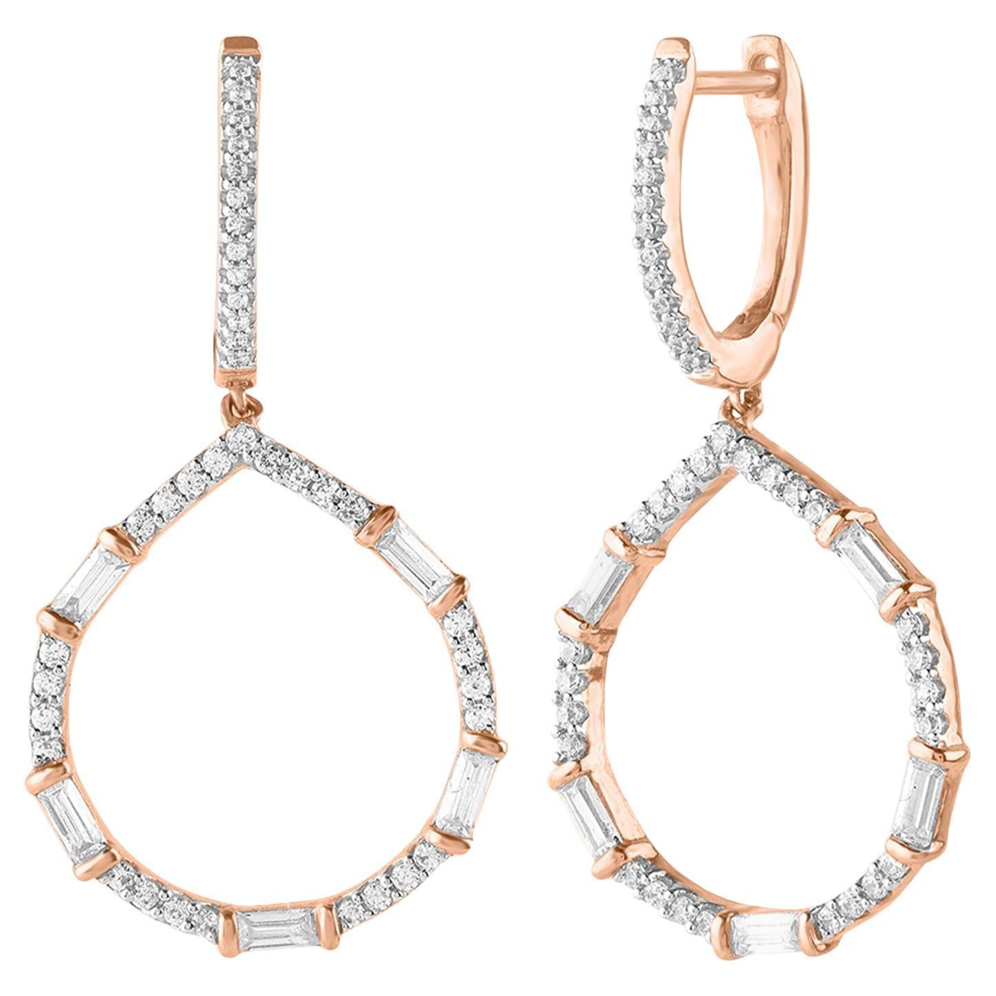 TJD 0.75 CT Round & Baguette Diamond 14 Karat Rose Gold Drop Dangling Earrings For Sale