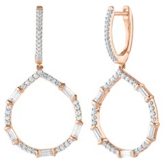 TJD 0.75 CT Round & Baguette Diamond 14 Karat Rose Gold Drop Dangling Earrings