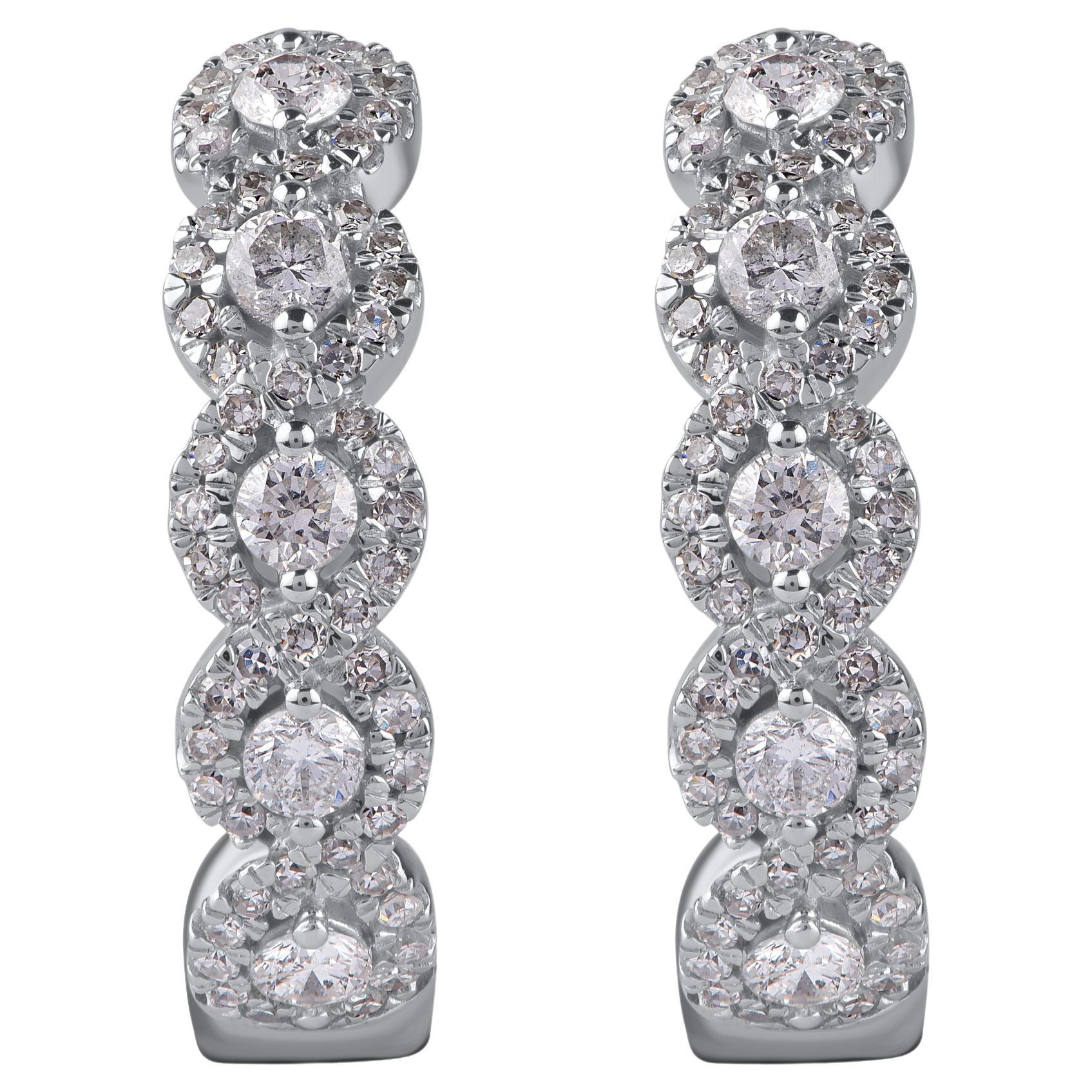 TJD Pendientes de aro abrazador de oro blanco de 18 KT con diamante natural talla brillante de 1,0 quilates