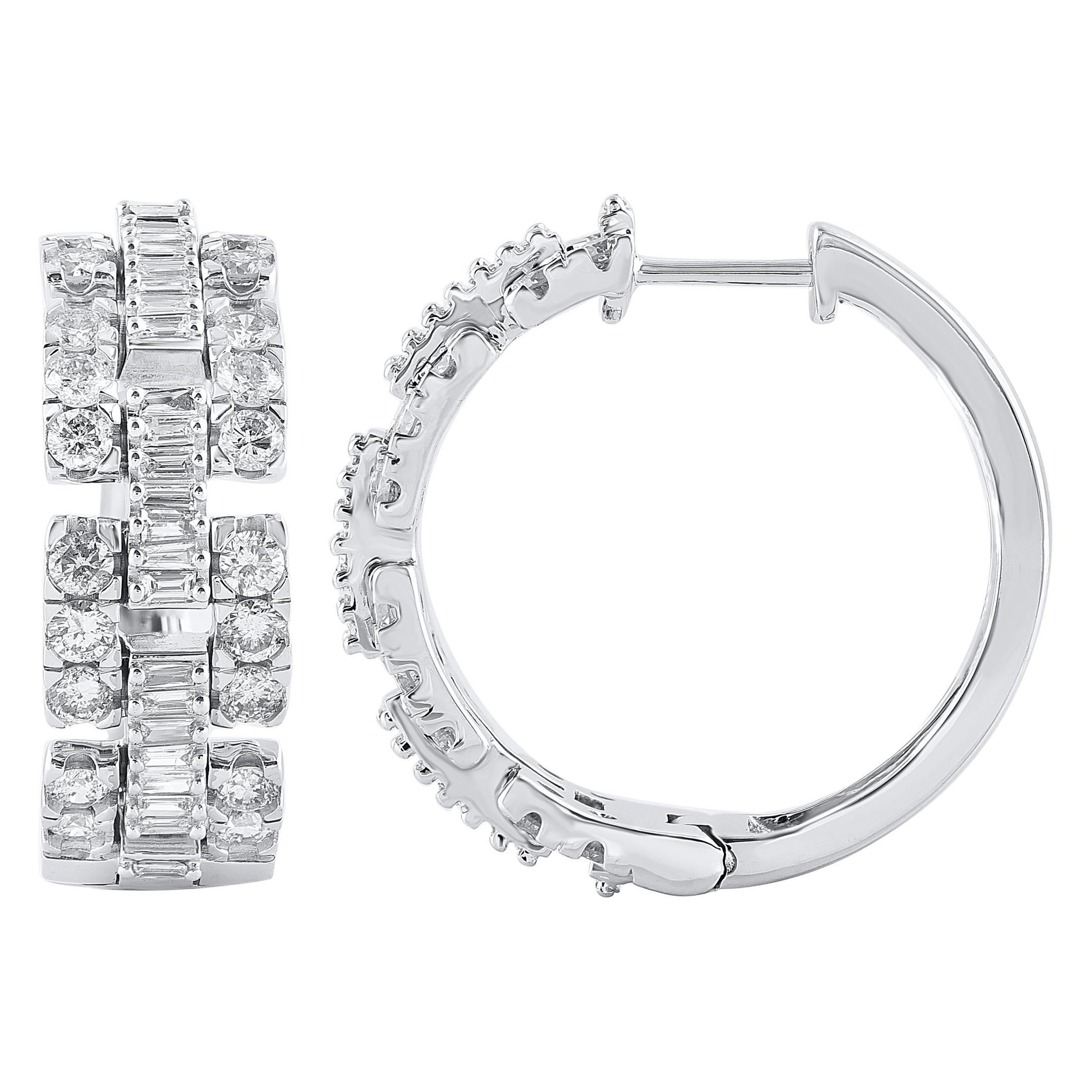 TJD 2 Carat Round & Baguette Cut Diamond Huggie Hoop Earrings in 14KT White Gold