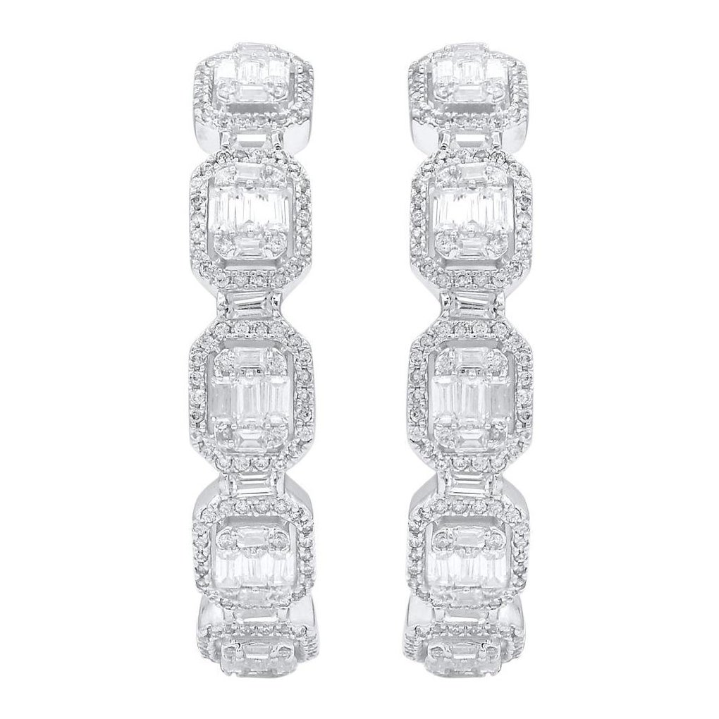 TJD 2.0 Carat Round & Baguette Cut Diamond 14 Karat White Gold Hoop Earrings