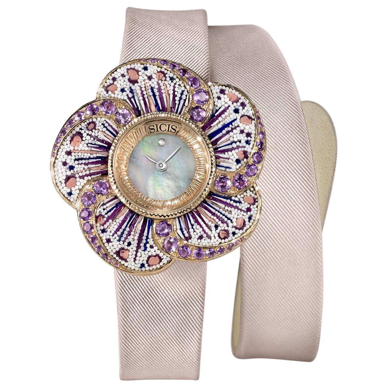 Wristwatch Gold Amethyst White Diamond Mother-of-Pearl Micromosaic Decorated