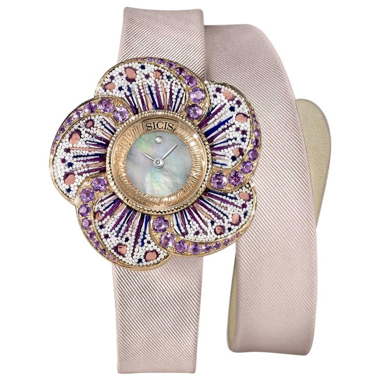 Wristwatch Gold Amethyst White Diamond Mother-of-Pearl Micromosaic Decorated For Sale