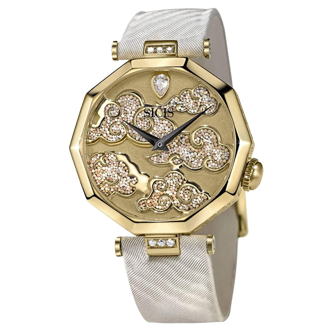 Elegante stilvolle Armbanduhr in Gold mit weißem Diamant-Etui, von Hand verziert mit Mikromosaik